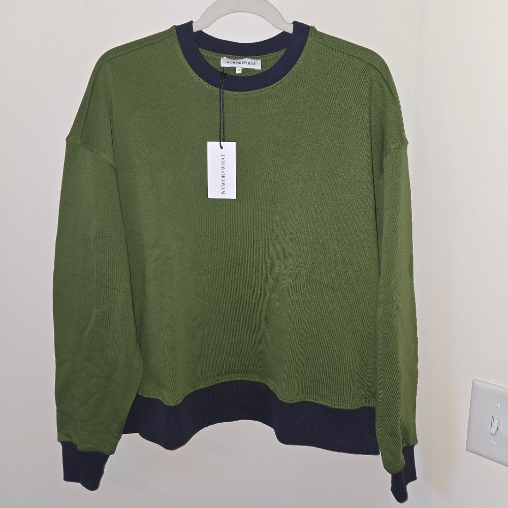 WeWoreWhat Green Crewneck Sweatshirt with Navy Trim NWT XS